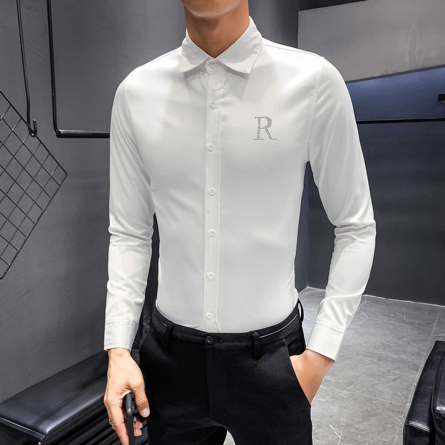 Men Shirt Wing Long Sleeve Casual Slim Fit Dress Shirts Black White Streetwear Camisa Social Masculina 210527