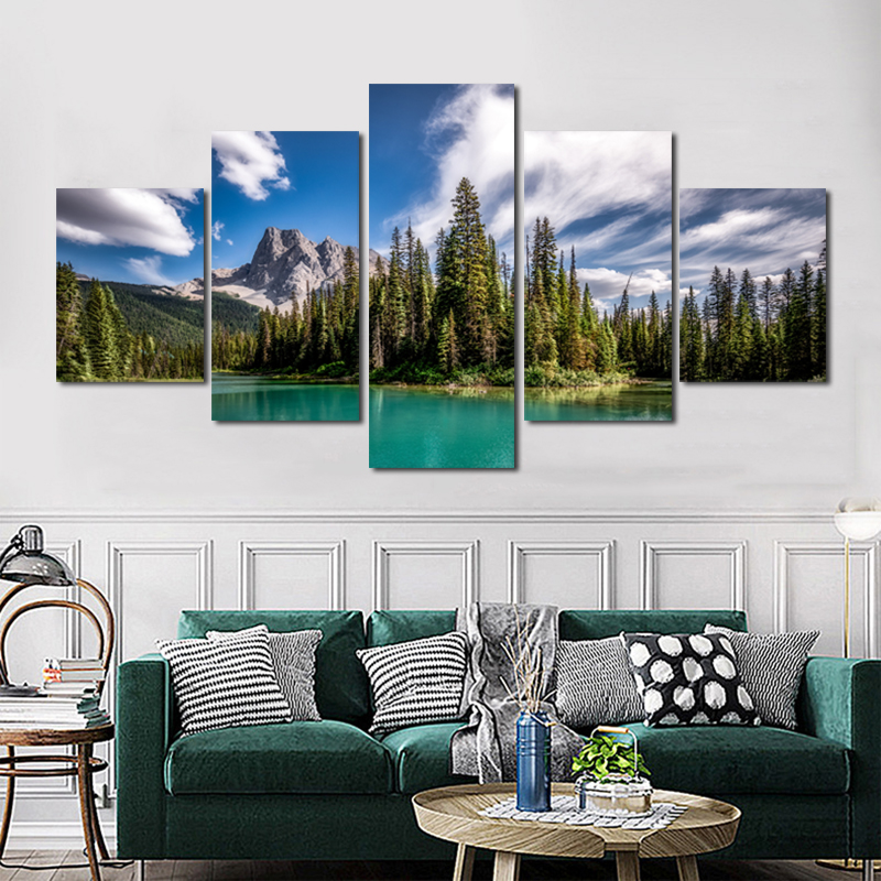 5 Pieces Mountain Lake Poster Canvas Painting Home Decor Wall Art Pictures For Living Room Sky Clouds Tree Indoor Decorations