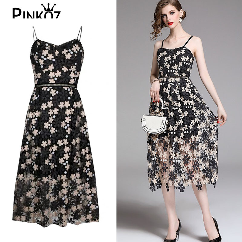 vintage flower embroidery high waist spaghetti robe longue elegant black sexy dress women summer SP lace midi dresses 210421