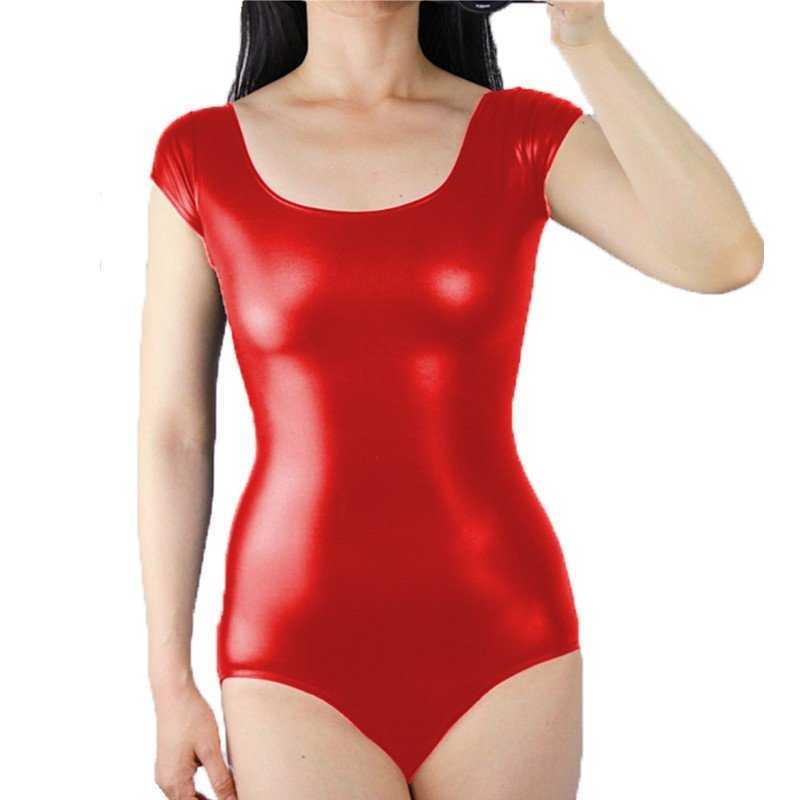 Plus Size Sexy Bodycon Bodysuit Women Short Sleeve Scoop Neck Body Tops Shiny Metallic Leotard Basic Skinny Rompers 210622