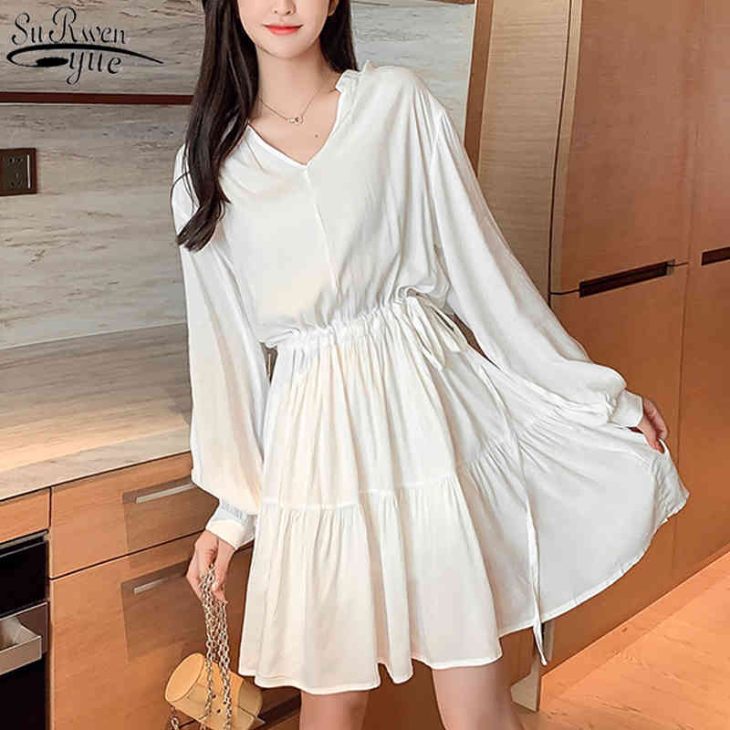 White Long Sleeve Mini DressTemperament Simple Drawstring V-neck High Waist Dresses Autumn Korean Women Dress 11421 210427