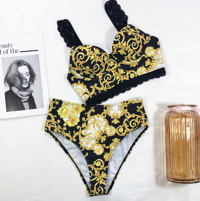 Women Vintage Retro Bikini Set Split Swimsuit Lace Strap Push Up Swimwear High Waist Printed Bathing Suits Summer Beach Wear Swimming Suit B4