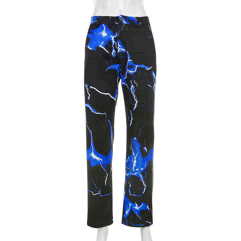 Fashion Cute Slim Print Lightning Contrast Color Slippy SML High Waist Woman Casual Pants Trousers Gothic Y2k Joggers 211115