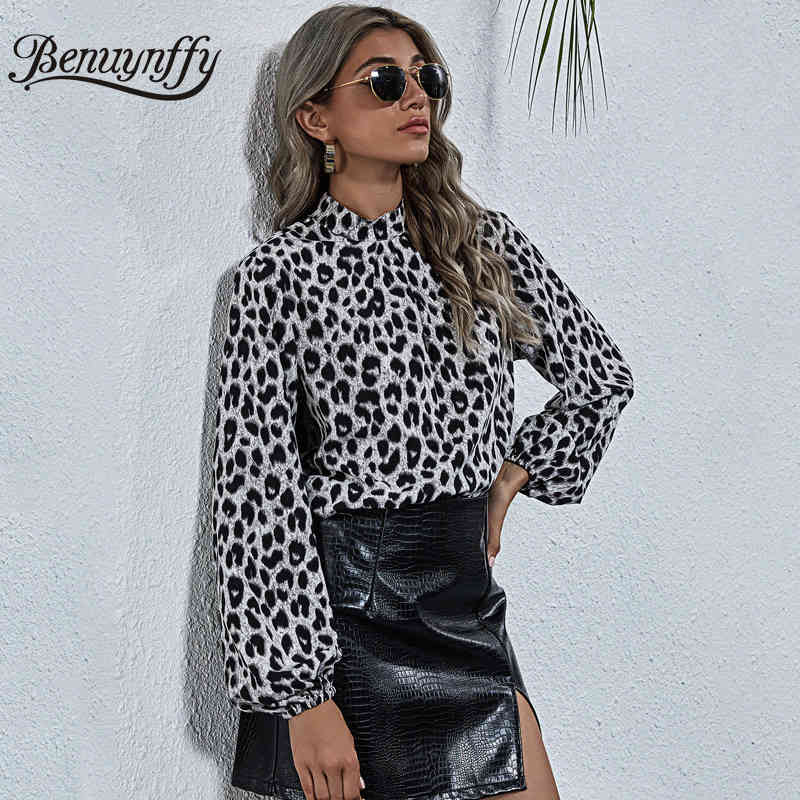 Stand Collar Leopard Print Women Tops and Blouses Spring Lantern Long Sleeve Office Lady Elegant Blouse 210510
