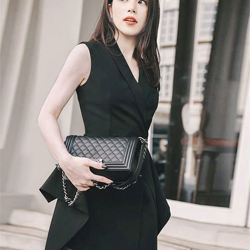 Korean Fashion Double Breasted Women Dress Summer Office Ladies Sleeveless Ruffles Formal Notched Bodycon 210519
