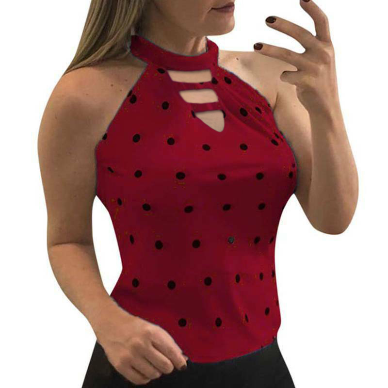 Fashion Women Tight Slim Sleeveless Top Vest Fitness Halter Tanks Top Fashion Dot Printed Off Shoulder Women Tees Crop Tops 210515