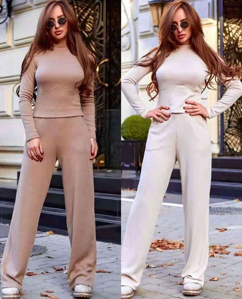 Free Women's Knitted Sweater Set Stand Collar Long Sleeve Short Pullover & Straight Pants Casual Two-piece 210524