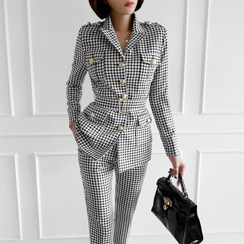 Women's Two Piece Pants High quality Fashion Office Ladies Plaid Suit Slim Fit Autumn New 2 Set Blazer Suits Vintage Business Work