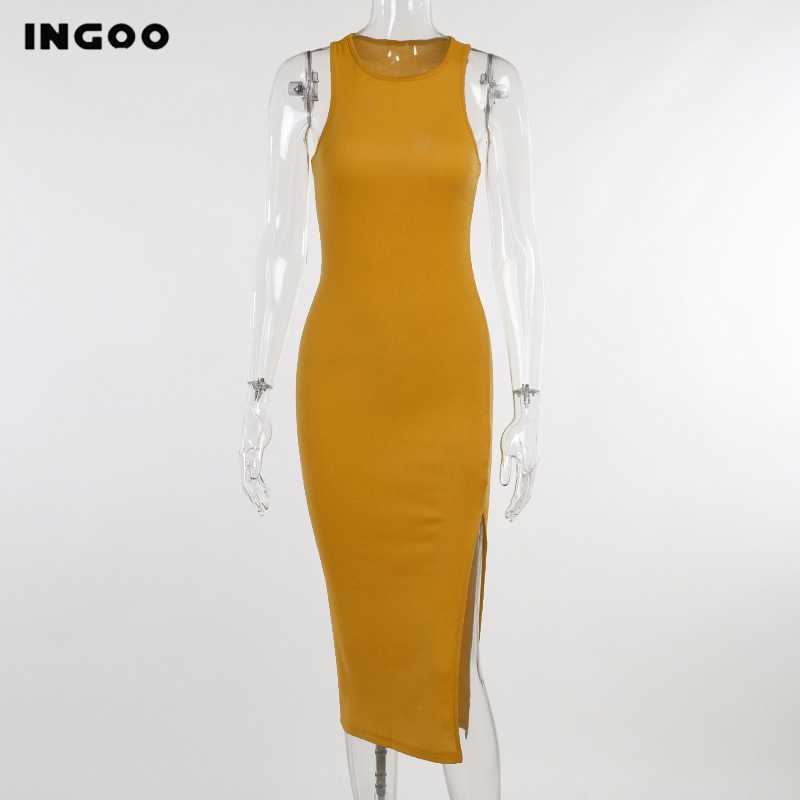 INGOO Bodycon Tank Dres Split Tight Long Robe Yellow Black Elegant Sundress Casual Office Knee Sheath Dresses 210630