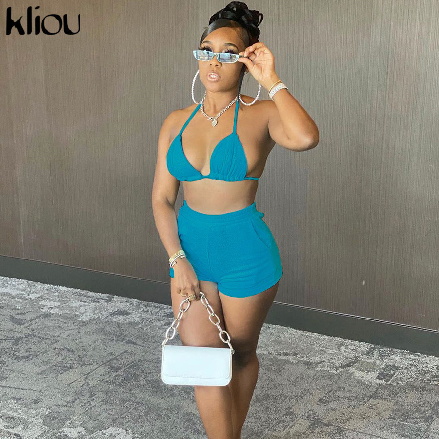 Kliou women two piece outfits fashion halter backless sexy brabiker shorts matching set bandage female vacation party clubwear T200826
