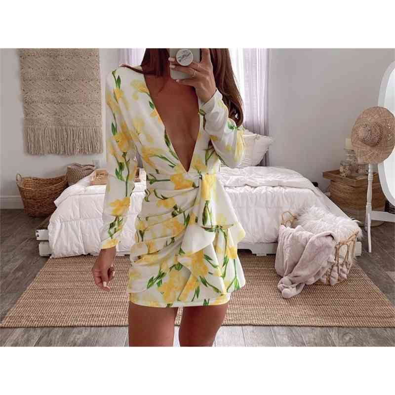Women Dress Deep V Neck Bohemia es Sexy Mini Print Floral Maxi Long Sleeve Backless Hollow Out es 210513