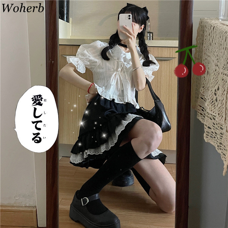 White Shirt Women Preppy Style Blusas Peter Pan Collar Puff Sleeve Lady Blouses Sweet Bow Drawstring Chic Tops Korean 210519
