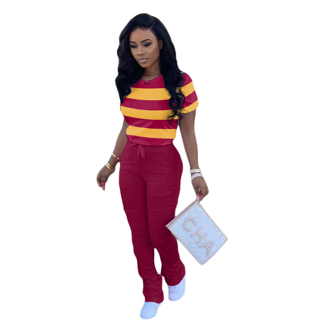 Wholesale Pants 2 Piece Suits Fashion Color Matching T Shirt Hip Slim Pleated Micro Flared Outfits Ladies Print Casual Clothing