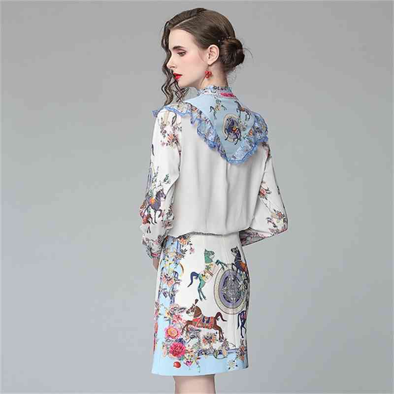 Runway Summer Elegant Two Piece Set Women Sweet Ruffles Stand Collar Animal Print Shirt Top + High Waist OL Bodycon Skirts Suit 210519