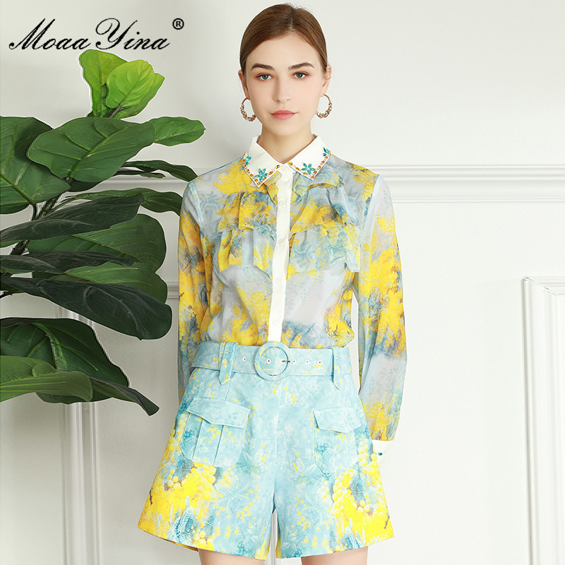 Fashion Runway Summer Two Piece Sets Women's Ruffle Elegant Long Sleeve Yellow Print Blouse+Casual Shorts Suit 210524