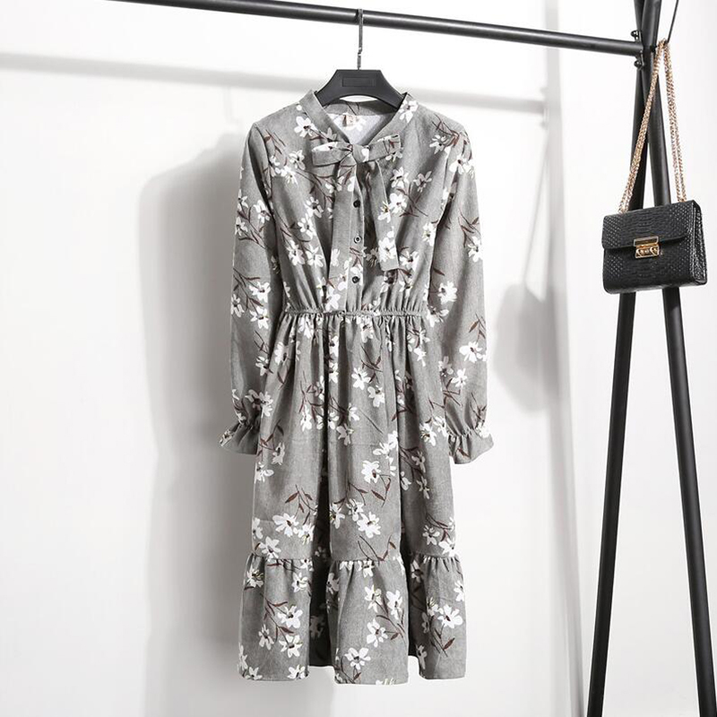 Autumn Winter Corduroy Vintage Dress Women Single-breasted Elastic Waist Floral Print Dresses Party Long Sleeve Dress Vestidos 210521