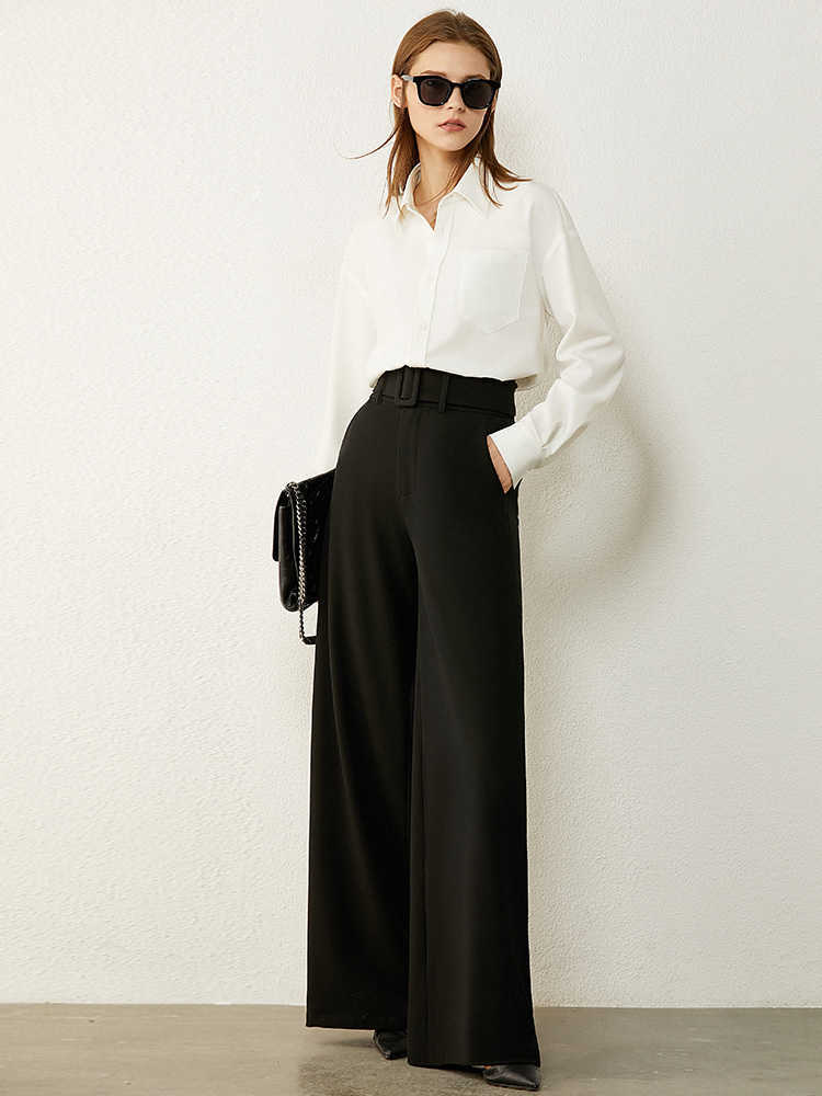 Minimalism Autumn Causal Women's Pants Simple High Waist Belt Solid Loose Wide-leg Female Trousers 12030430 210527