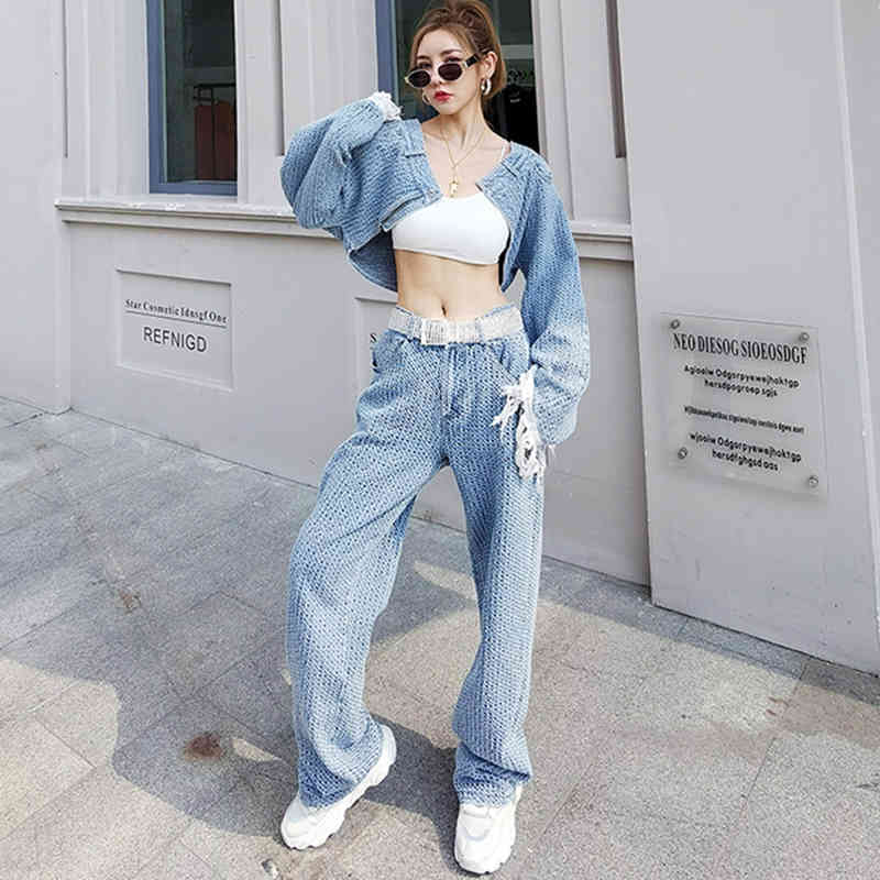 [EAM] Wide Leg Pants Two Piece Blue Denim Tassels Suit Long Sleeve Loose Fit Women Fashion Spring Autumn 1DD6388 210512