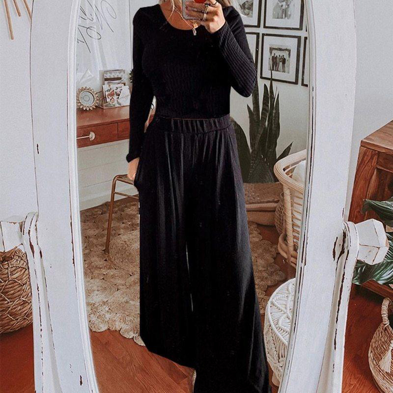 Winter Casual Set Pants Set Women O Neck Casual Crop top + High Waist Pants Vintage Women 2 Piece Set Home Suit Female 210515