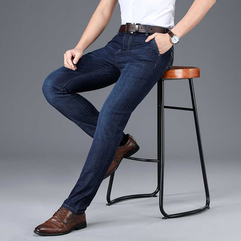 HENCHIRY Men's Business Casual Elastic Jeans Loose Fashion Breathable Non Pilling Ankle-Length Pants Show Thin Straight Pants X0621