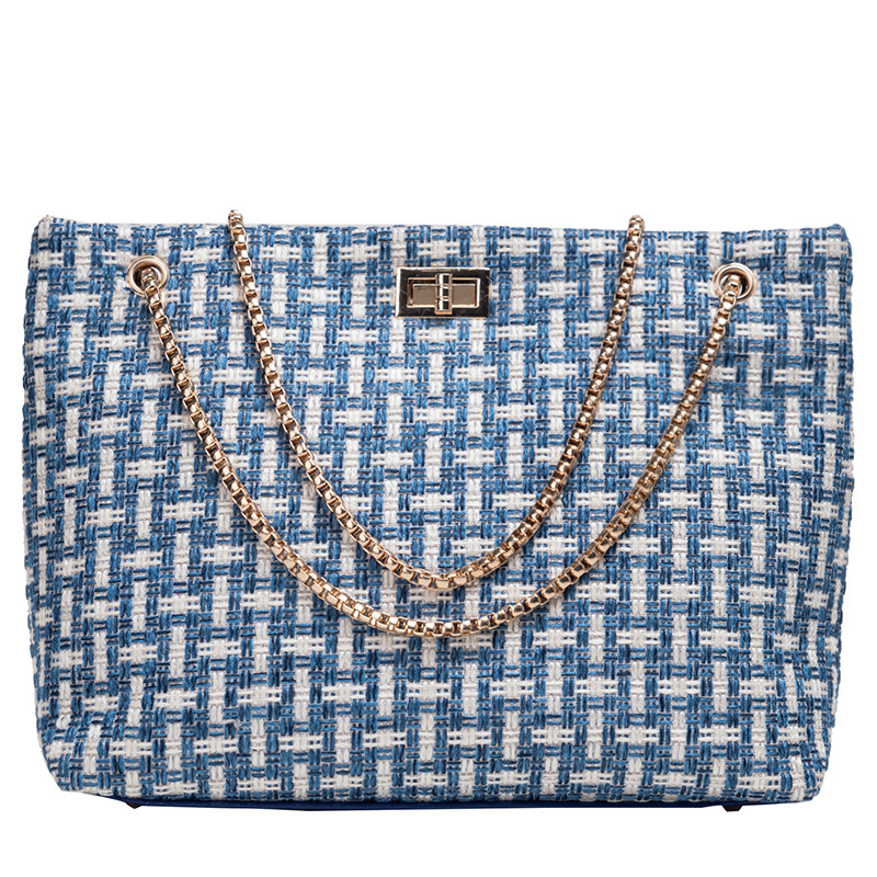 Woven ladies-style handbags, large-capacity shopping tote bags, women's skirts and shoulder bags with metal chain fashion design, Blue
Woven ladies-style handbags, large-capacity shopping tote bags, women's skirts and shoulder bags with metal chain fashion design, Blue