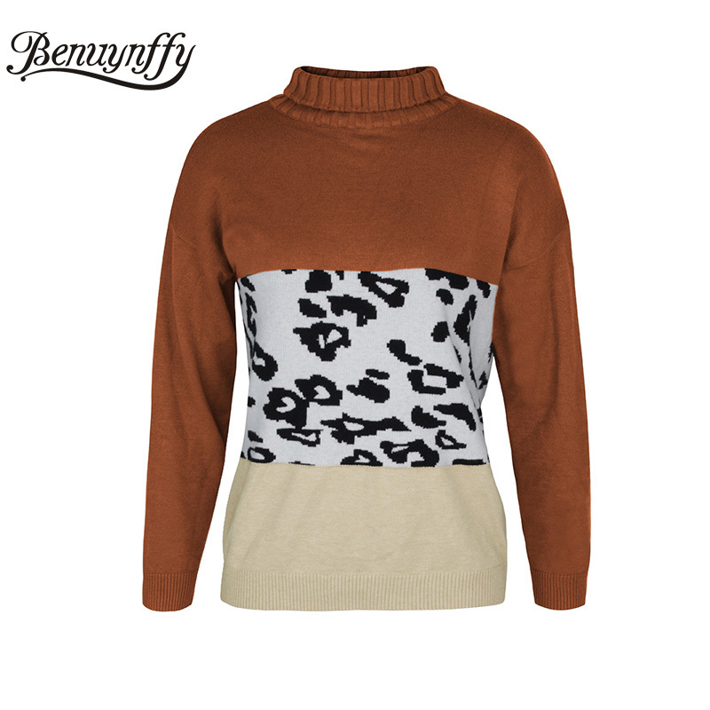 Leopard Color Block Turtleneck Sweater Women Autumn Winter Drop Long Sleeve Knitted Pullover Casual Street Style 210510