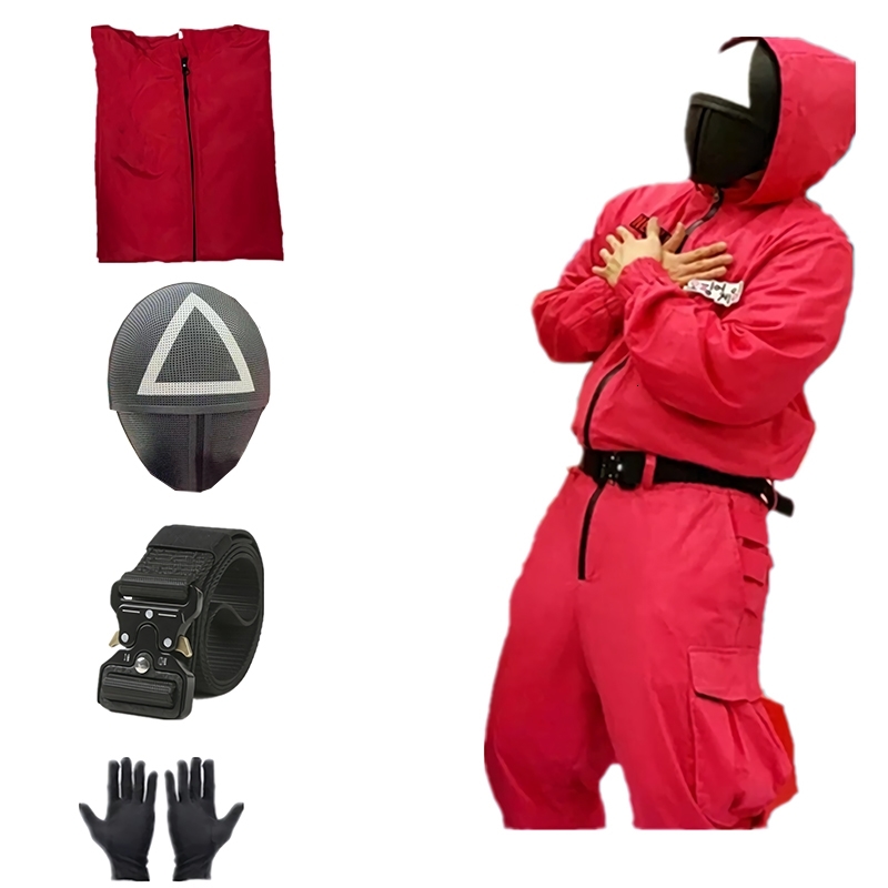 Squid Game Costume 4PCS Soldier Boss Mask Squidgame Cosplay Halloween Villain Red Jumpsuit Belt Black Gloves Party Face Masks, Triangle mask
Squid Game Costume 4PCS Soldier Boss Mask Squidgame Cosplay Halloween Villain Red Jumpsuit Belt Black Gloves Party Face Masks, Triangle mask