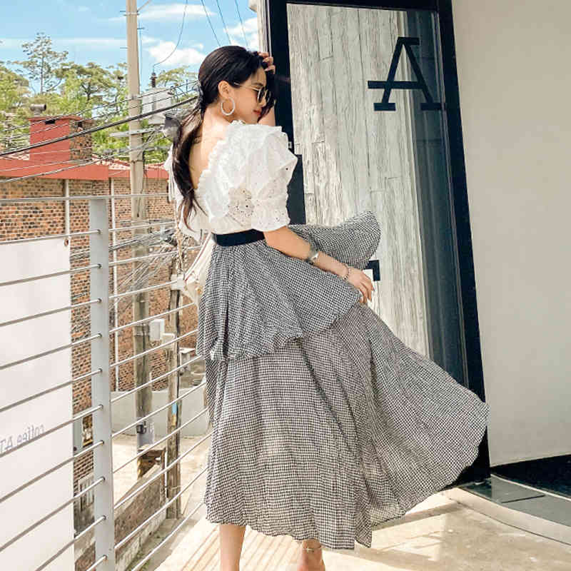 High quality Summer Sexy 2 Piece Set Women V neck Lace Puff Sleeve Ruffles Shirt + Vintage Plaid Irregular Skirts Suit 210506