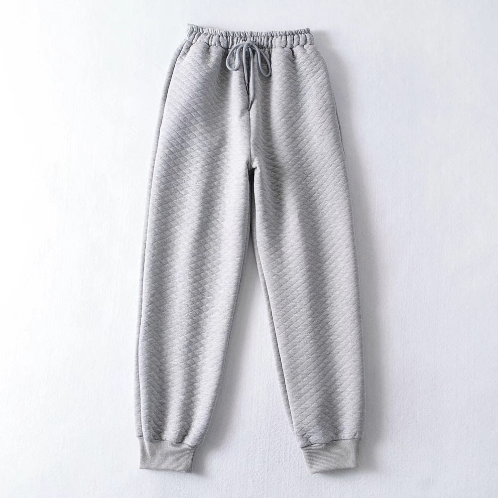 2 Pieces Set Streetwear Quilted Plaid Hooded Sweatshirt Front Pockets Women Hoodies Elastic Waist Sport Pants Causal Jumper Gray 210429