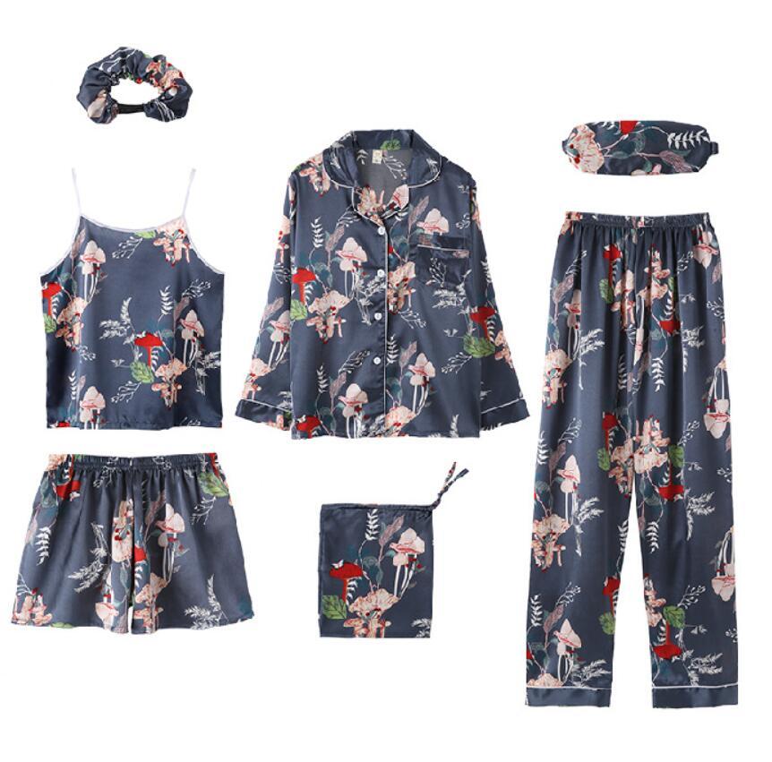 CHIC Fruit Floral Print Shirt Pajama Suits Elastic Waist Wide Leg Shorts Pants Women Loose Long Sleeve Blouse Tops 7 Pieces Set 210429