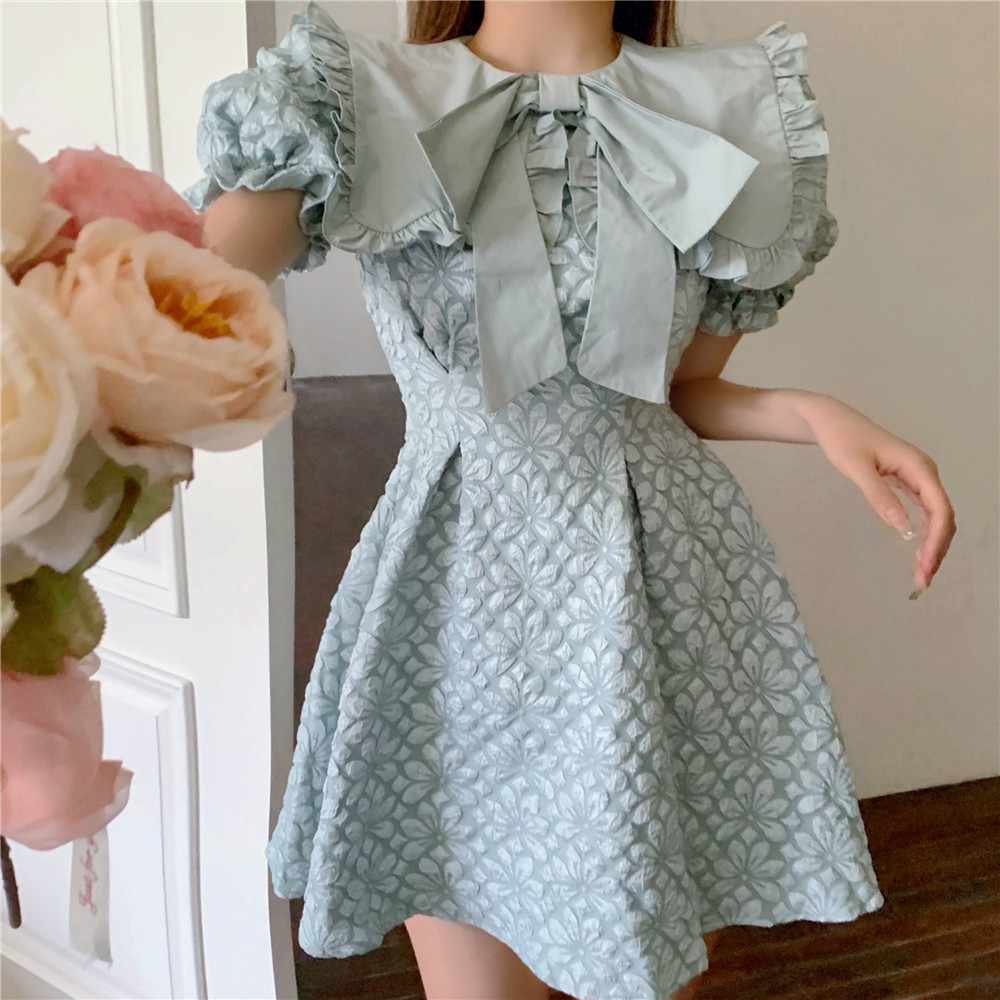 Arrival Summer Sweet Bowknot Big Lapel Jacquard Mini Dress Vintage Slim A-Line Party Dress Vestido 210518
