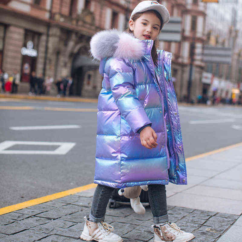 Winter Down Jacket For Girls Coat Waterproof Shiny Hooded Children Outerwear Clothing 5-14 Year Teenage Kids Parka Snowsuit 211111
