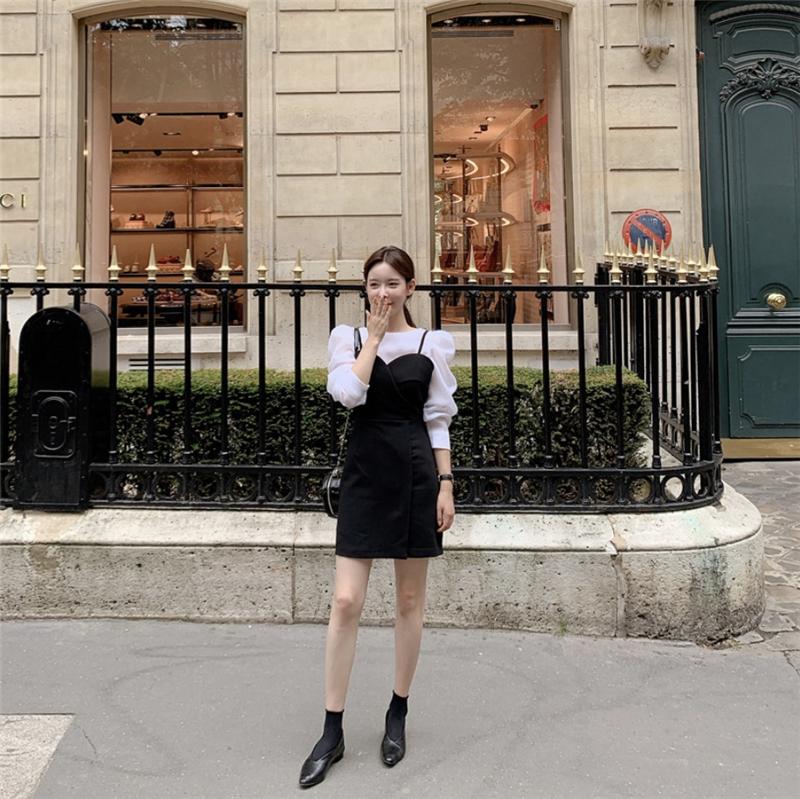 Two Piece Dress [EWQ] 2021 Spummer Thin Section Bubble Sleeve Shirt + Slim Black Wrapped Chest High Waist Suspender Suit Women QV178