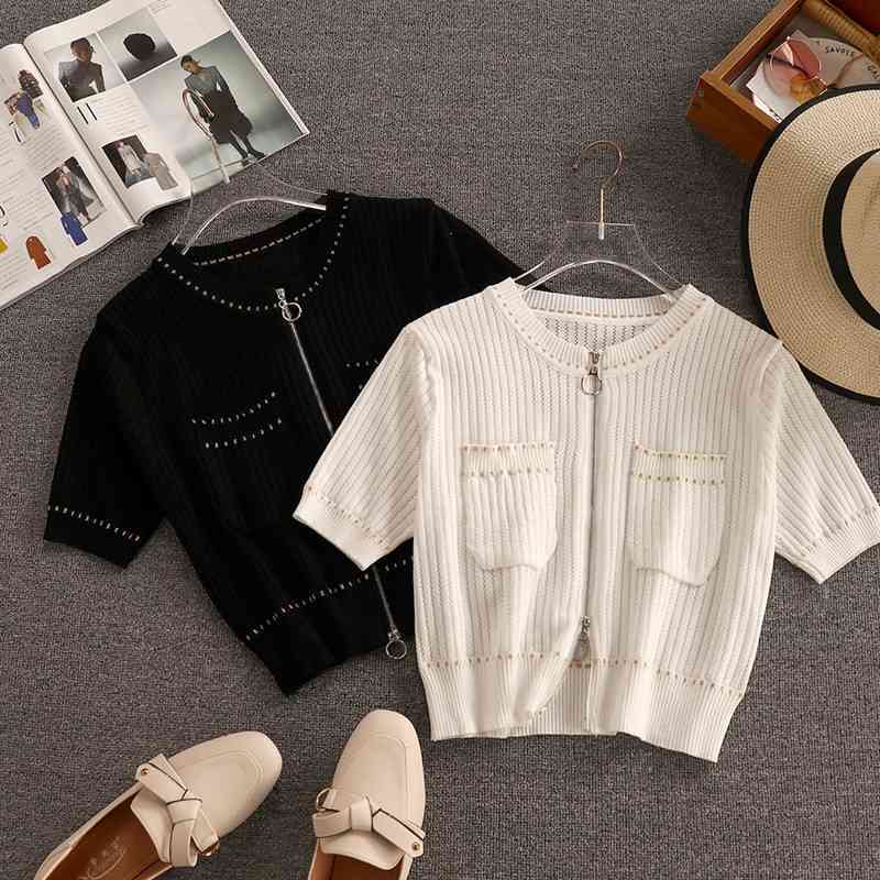 Hollow out Knitted Women's Crop Tops Summer Zipper short-sleeved Cardigan Sweater Gold Line trim Thin Wild Blouse 210525, Black
Hollow out Knitted Women's Crop Tops Summer Zipper short-sleeved Cardigan Sweater Gold Line trim Thin Wild Blouse 210525, Black