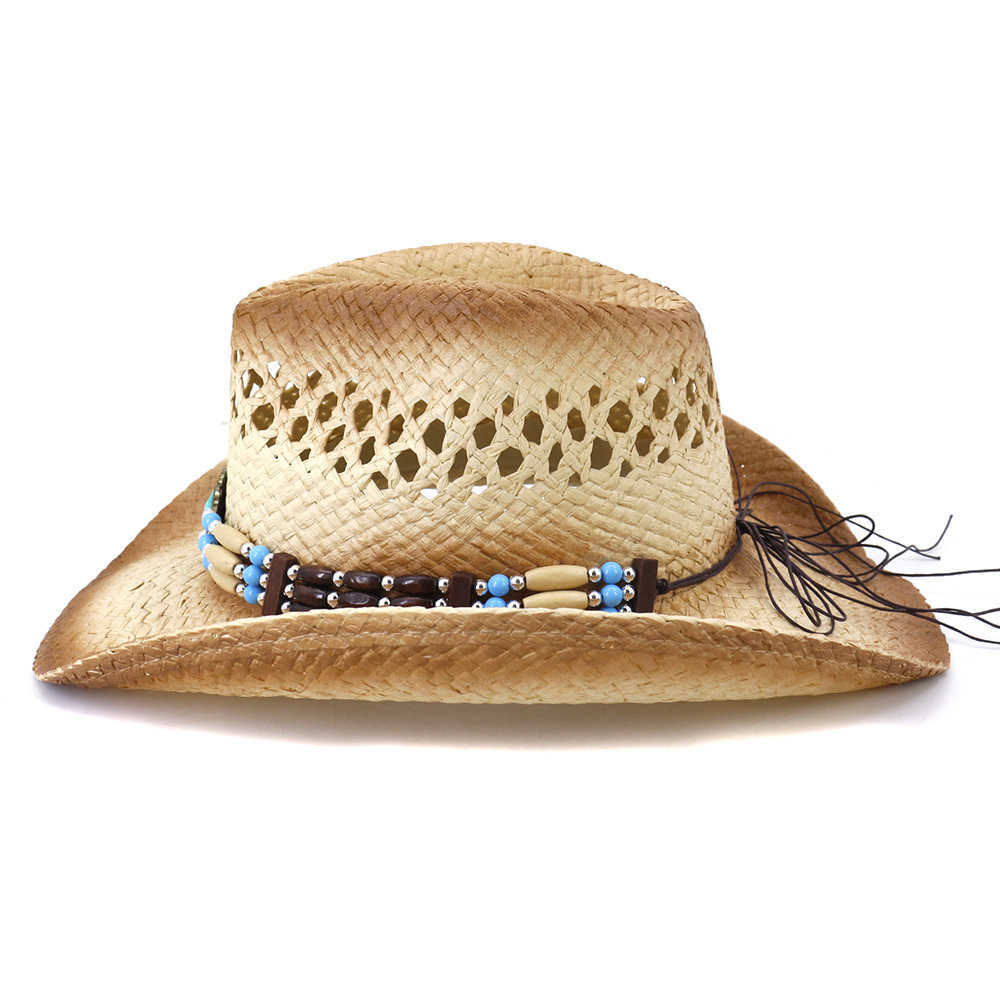 Men Natural Straw Western Cowboy Hat Handmade Weave Curling Brim Cowgirl Summer Hats Sombrero Cap Q0805
