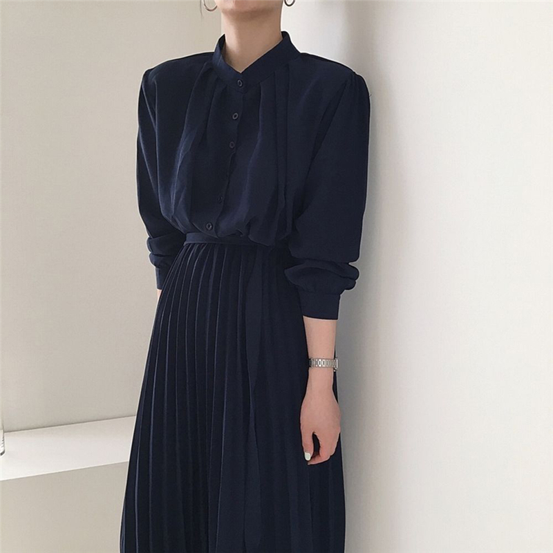 Fashion Chic Stand Waist-Controlled Slim Brief Autumn Pleated Solid Elegance A-Line High Waist Women Long Dresses 210421