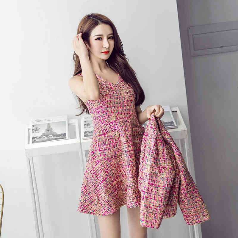Autumn Winter Runway Tweed 2 Piece Set Women Short Jacket Coat +Mini Tank Wool Blend skirt Suits Office Female Sets 210518