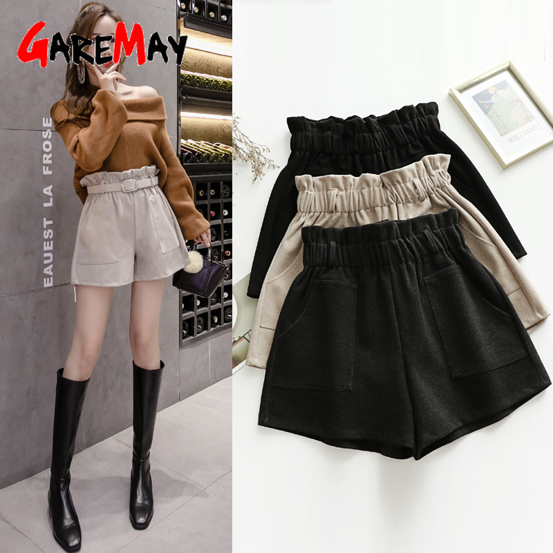 Autumn Winter High Waist Cotton Shorts with Belt Korean Style Women's Wide Leg A-line Woolen Thick Warm Boots 210428