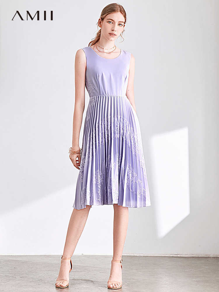 Lace Pleated Chiffon Dress Summer Women Elegant Round Neck Middle Waist Sleeveless Female Vestidos 11930148 210527