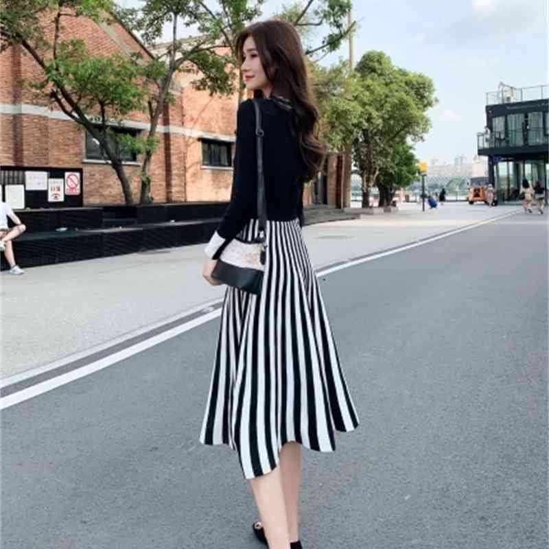 Knit Two Piece Set Fall O-neck Long Sleeve Pullover Sweater + Striped High Waist A-line Midi Skirt Suit 2piece Set Women 210515