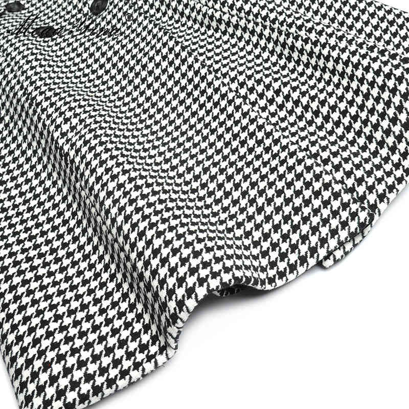 Winter Fashion Set Women's Lantern Sleeve Double breasted Windbreaker Overcoat Tops+Trousers Houndstooth Two-piece set 210524