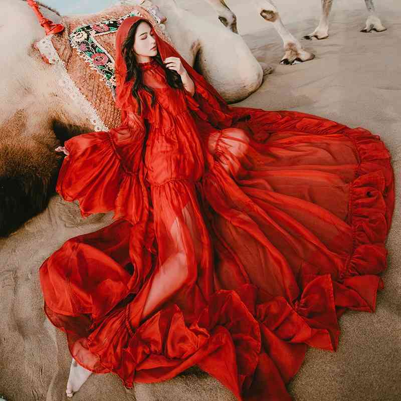 Fashion Red Holiday Ruffled Vintage Dress Women's Flared Sleeves Female Chiffon Two-Piece Big Swinging Long Dresses 210520