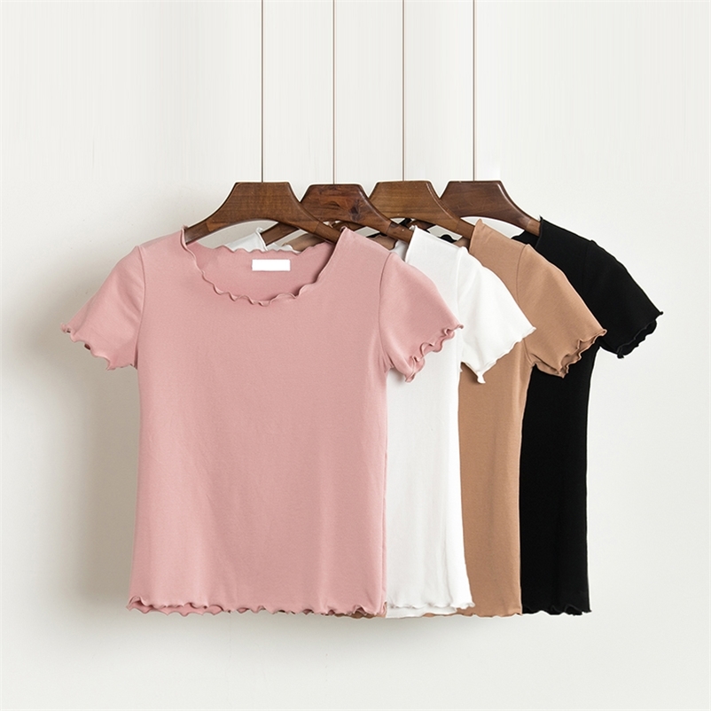 Summer Flounce Hem T-shirts Women Tees Plain T-Shirts Ladies Cotton Solid Short Sleeve T-shirt 210518, Black
Summer Flounce Hem T-shirts Women Tees Plain T-Shirts Ladies Cotton Solid Short Sleeve T-shirt 210518, Black