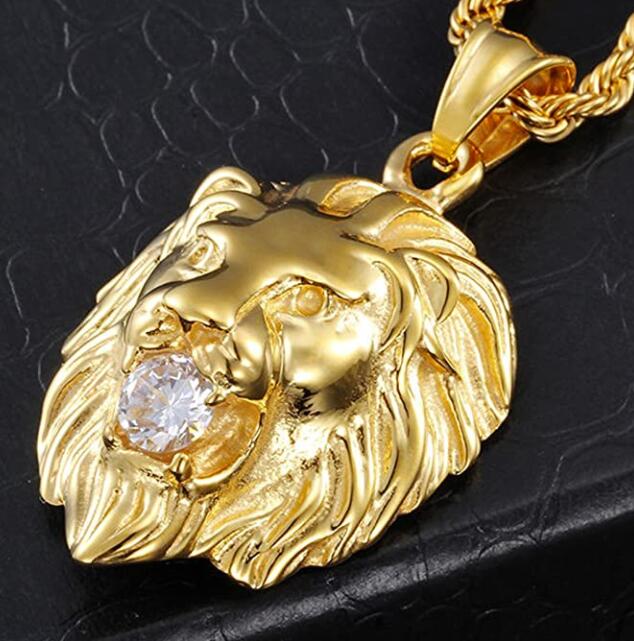 Gold Mens Necklace Lion Pendant Necklace Stainless Steel Shiny CZ Diamonds Comes with Rope Chain 22 INCH
