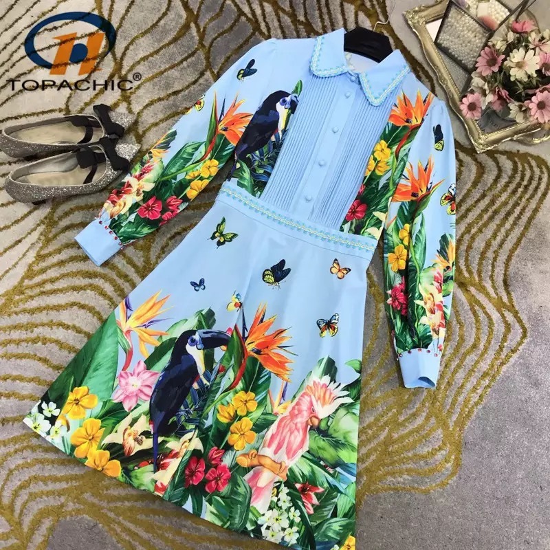 holiday long sleeve turn down collar tropical pleated knee length A-line dresses for women lady beach casual clothes 2XL 210421