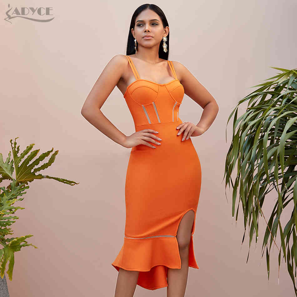 Summer Orange Mermaid Bodycon Bandage Club Dress Women Sexy Spaghetti Strip Split Celebrity Evening Party Dresses 210423