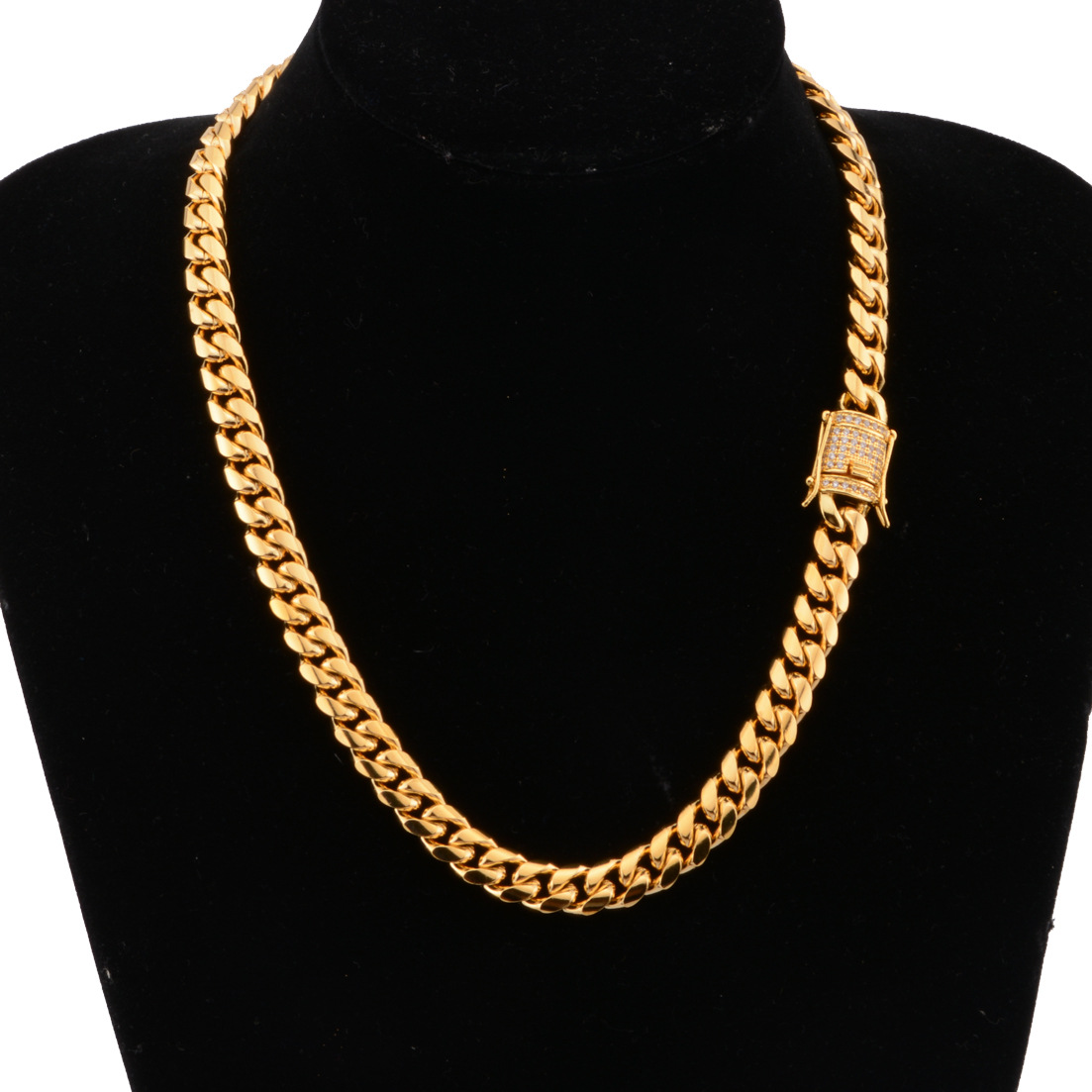 Gold Titanium Chains Steel Stainless Cuban Link Micro-Inlaid White Drill Buckle Encryption Necklace