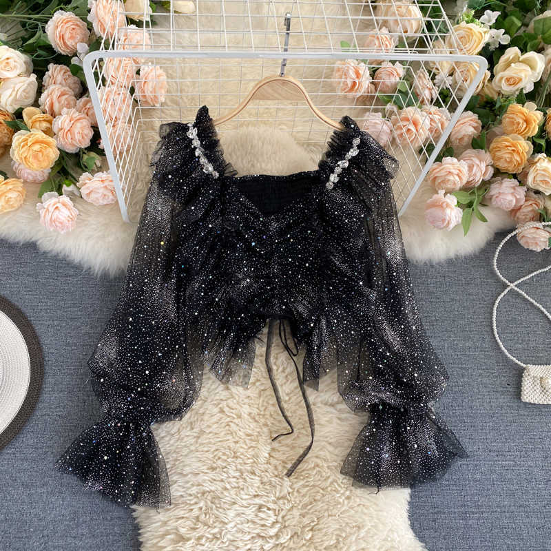 Court Female Bling Shiny Mesh Long Sleeve Sweet Wood Ear Short Tops Shirt Autumn Women Fashion Elegant Blouse P613 210527