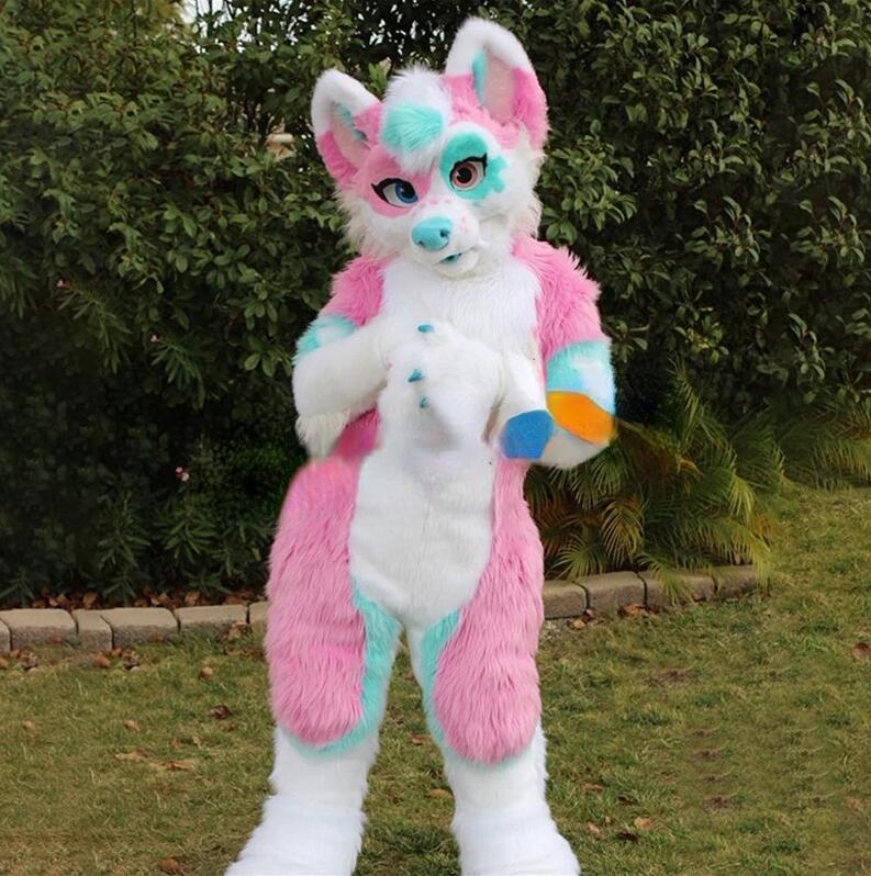 2022 HalloweenPink Long Furry Dog Mascot Costume Top quality Cartoon Character Outfits Adults Size Christmas Carnival Birthday Party Outdoor Outfit