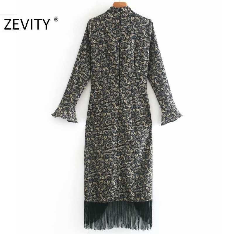 Zevity Autumn Women Vintage Cashew Nuts Print Hem Tassel Asymmetrical Dress Ladies Chic Sexy Hole Slim Party Vestido DS4546 210603